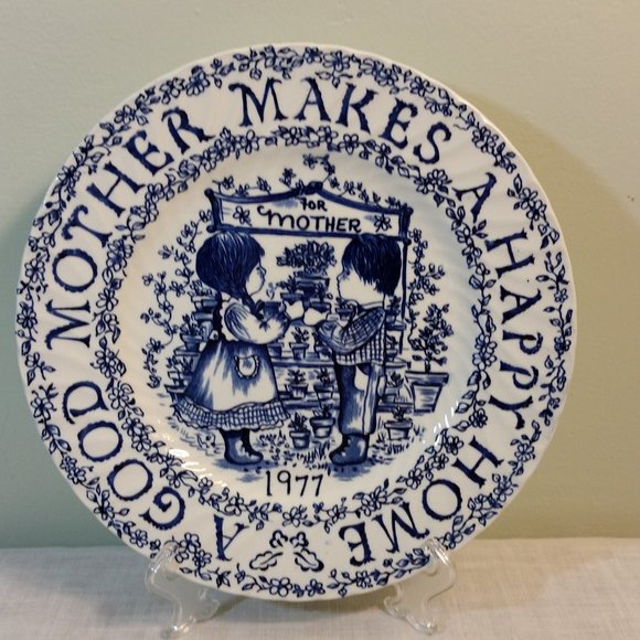 Vintage Royal Crownford Staffordshire Plate England Blue White Mother Happy Day - Picture 1 of 7